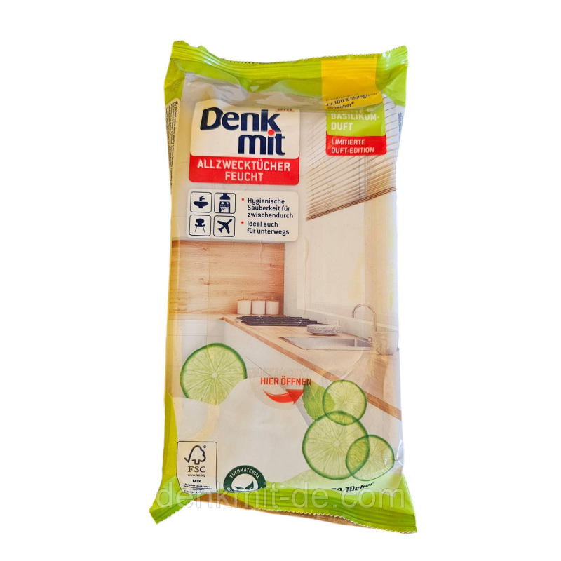 Вологі серветки для прибирання Denkmit Allzwecktücher Feucht Limette & Basilikum, 50 шт. Вологі серветки для прибирання Denkmit Allzwecktücher Feucht Limette & Basilikum, 50 шт.
