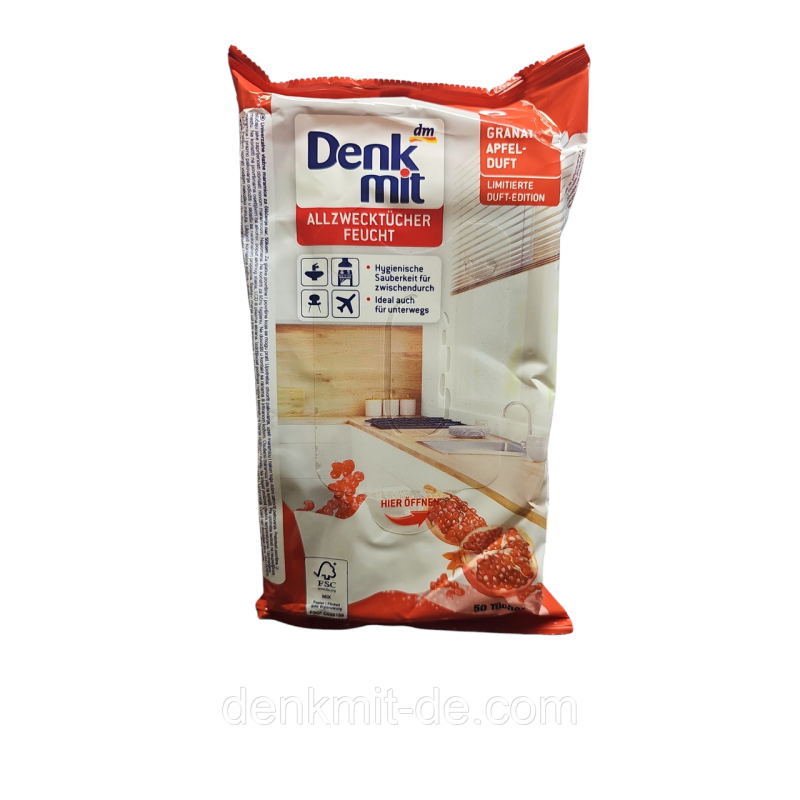 Вологі серветки для прибирання Denkmit Allzwecktücher Feucht Granat Apfel duft, 50 шт. Вологі серветки для прибирання Denkmit Allzwecktücher Feucht Granat Apfel duft, 50 шт.